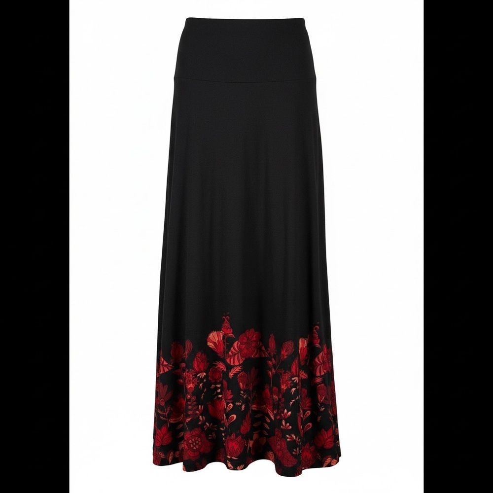 LuLaRoe Black Maxi Skirt with Red Floral Design